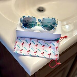 White and Blue Sunglasses with Flamingo Pouch